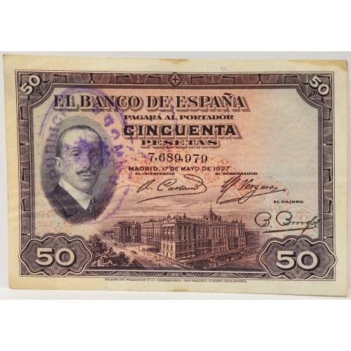 SPAIN 1927 . FIFTY 50 PESETA BANKNOTE . ERROR . INK TRANSFER