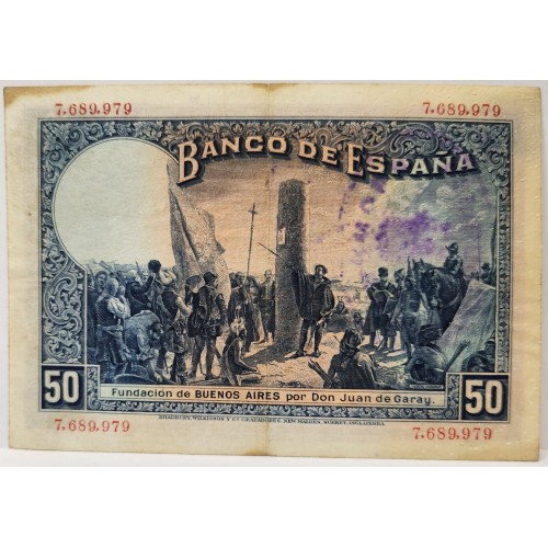 SPAIN 1927 . FIFTY 50 PESETA BANKNOTE . ERROR . INK TRANSFER