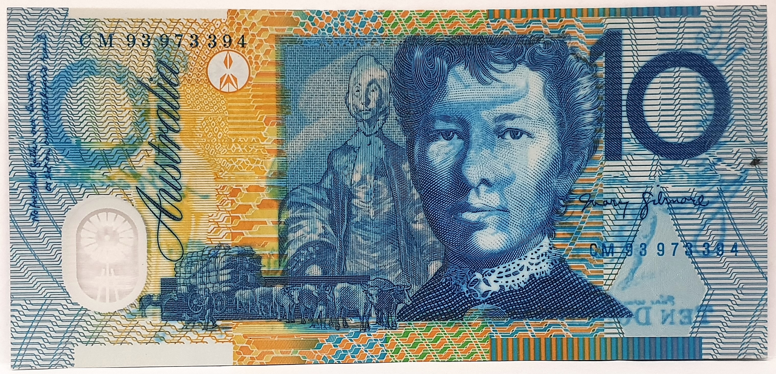 Australia 1993...Ten Dollar Banknote...Error...HEAVY WET INK TRANSFER ...