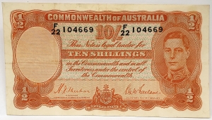 AUSTRALIA 1939 . TEN 10 SHILLINGS BANKNOTE . VERY SCARCE