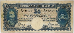 AUSTRALIA 1933 . FIVE 5 POUNDS BANKNOTE . WHITE FACE . VERY SCARCE