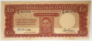 AUSTRALIA 1943 . TEN  10  POUNDS BANKNOTE . VERY SCARCE