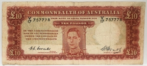 AUSTRALIA 1949 . TEN 10 POUNDS BANKNOTE . VERY SCARCE