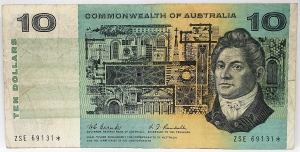 AUSTRALIA 1967 . TEN 10 DOLLAR BANKNOTE . COOMBS/RANDALL . STAR NOTE . LAST PREFIX ZSE