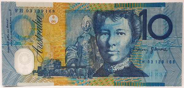 Australia 1993...Ten Dollar Banknote...Error ... LOTS OF WET INK ...