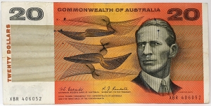 AUSTRALIA 1967 . TWENTY 20 DOLLAR BANKNOTE . ERROR . INK SPLATTER . COOMBS/RANDALL