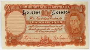 AUSTRALIA 1939 . TEN 10 SHILLINGS BANKNOTE . SHEEHAN/McFARLANE . LAST PREFIX F24