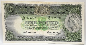 AUSTRALIA 1961 . ONE 1 POUND BANKNOTE . COOMBS/WILSON . LAST AND FIRST PREFIX IN ONE HK00