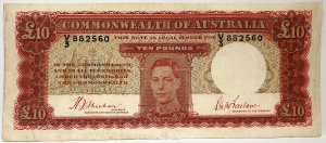 AUSTRALIA 1940 . TEN 10 POUNDS BANKNOTE . SHEEHAN/McFARLANE . FIRST PREFIX V3