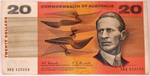 AUSTRALIA 1967 . TWENTY 20 DOLLAR BANKNOTE . COOMBS/RANDALL . FIRST PREFIX XBQ
