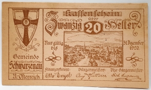 AUSTRIA 1920 . TWENTY 20 HELLER . ERROR BANKNOTE