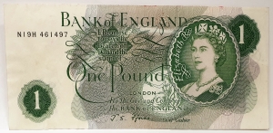 GREAT BRITAIN UK ENGLAND 1970 . ONE 1 POUND BANKNOTE . ERROR . MISSING BOTTOM SERIAL