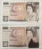 GREAT BRITAIN UK ENGLAND 1988 . TEN 10 POUNDS BANKNOTES . ERROR . CONSECUTIVE PAIR . INK SMUDGES