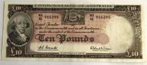 AUSTRALIA 1960 . TEN 10 POUNDS BANKNOTE . COOMBS/WILSON . FIRST PREFIX LETTERS WA