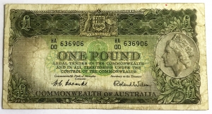 AUSTRALIA 1953 . ONE 1 POUND BANKNOTE . COOMBS/WILSON . FIRST PREFIX HA00