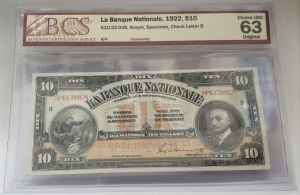 CANADA 1922 . TEN 10 DOLLARS BANKNOTE . SPECIMEN . GRADED BY BCS