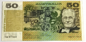 AUSTRALIA 1974 . FIFTY 50 DOLLARS BANKNOTE . PHILLIPS/WHEELER . FIRST PREFIX YAA