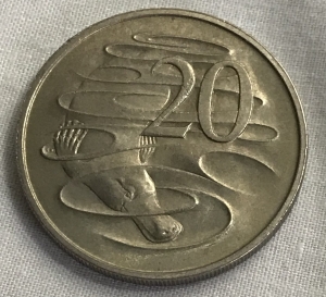 AUSTRALIA 1966 . TWENTY 20  CENTS COIN . FIRST PORTRAIT . PLATYPUS 