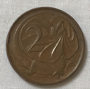 AUSTRALIA 1967 . TWO 2 CENTS COIN . FRILLED NECK LIZARD . UNCIRCULATED