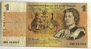 AUSTRALIA 1966 . ONE 1 DOLLAR BANKNOTE . COOMBS/WILSON . FIRST PREFIX AAA
