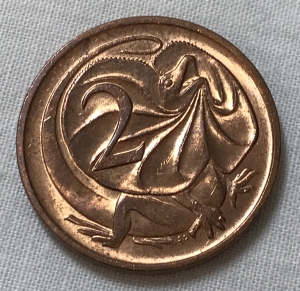 AUSTRALIA 1980 . TWO 2 CENTS COIN . FRILLED NECK LIZARD