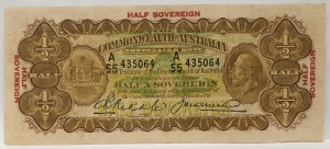 AUSTRALIA 1928 . TEN 10 SHILLINGS / HALF SOVEREIGN BANKNOTE . RARE 