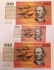 AUSTRALIA 1966 . TWENTY 20 DOLLAR BANKNOTES . CONSECUTIVE TRIO . MINOR CENTRE OBSTRUCTION AS AN ERROR