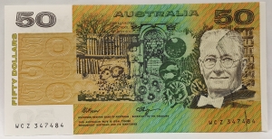 AUSTRALIA 1990 . FIFTY 50 DOLLAR BANKNOTE . ERROR . INK TRANSFER . UNCIRCULATED