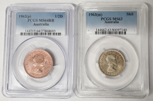 AUSTRALIA 1963 and 1963 . HALF 1/2  PENNY and ONE 1 SHILLING . 2 COINS PCGS GRADED
