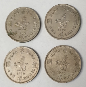 HONG KONG 1970 H . ONE 1 DOLLAR COIN . 4 CIRCULATED COINS
