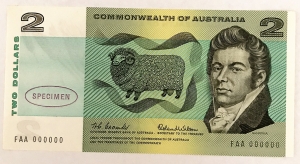 AUSTRALIA 1966 . TWO 2 DOLLARS BANKNOTE . SPECIMEN