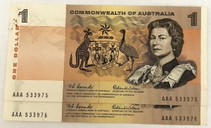 AUSTRALIA 1966 . ONE 1 DOLLAR BANKNOTES . COOMBS/WILSON . CONSECUTIVE PAIR . FIRST PREFIX
