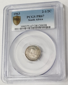 SOUTH AFRICA 1962 . TWO AND HALF  2 1/2 CENTS COIN . PCGS PR67 . PROOF