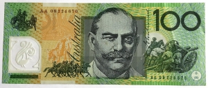 AUSTRALIA 2008 . ONE HUNDRED 100 DOLLARS BANKNOTE . STEVENS/HENRY . FIRST PREFIX AA08