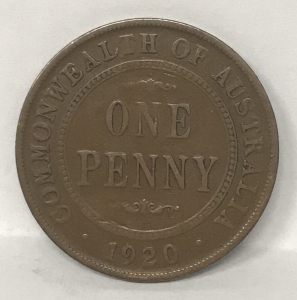 AUSTRALIA 1920 .ONE 1 PENNY . RARE TOP DOT . 6 PEARLS