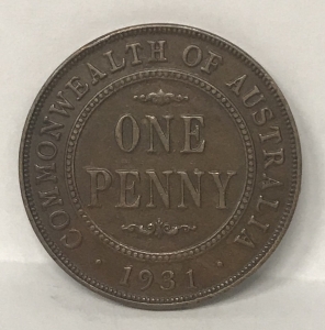 AUSTRALIA 1931 . ONE 1 PENNY . DROPPED 1 . 8 FULL PEARLS . LOW MINTAGE
