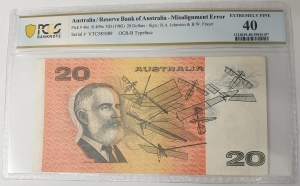 AUSTRALIA 1985 . TWENTY 20 DOLLARS BANKNOTE . DUAL ERRORS . MISALIGNMENT
