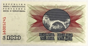 BOSNIA-HERZEGOVINA 1992 . ONE THOUSAND 1,000 DINARA BANKNOTE