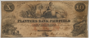 UNITED STATES OF AMERICA 1853 . TEN 10 DOLLARS BANKNOTE . PLANTERS BANK OF FAIRFIELD WINNSBORO