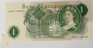 GREAT BRITAIN UK ENGLAND 1962 . ONE 1 POUND BANKNOTE . ERROR . BUTTERFLY FLAP