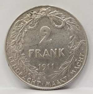 BELGIUM 1911 . TWO 2 FRANCS COIN . KEY DATE