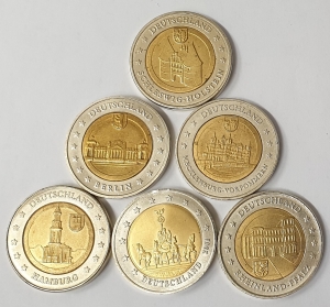 GERMANY . UNDATED . TWO 2 EURO . 6 SPECIMEN MINT COINS . 1 COUNTRY and 5 CITIES