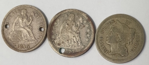 UNITED STATES OF AMERICA 1857, 1868, 1890 . ONE 1 DIME and THREE  3 CENTS COINS . 3 COINS