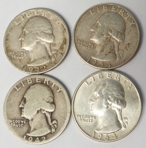 UNITED STATES OF AMERICA 1942D - 1964  1/4 QUARTER DOLLARS . 4 COINS 