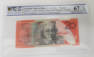 AUSTRALIA 1994 . TWENTY 20 DOLLARS BANKNOTE . SPECIMEN . POLYMER
