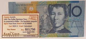 AUSTRALIA 1993 . TEN 10 DOLLARS BANKNOTE . SPECIMEN . RARE