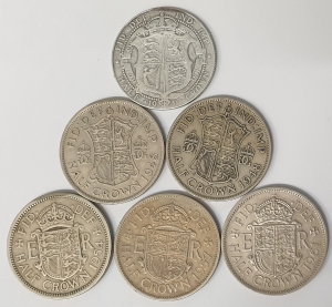 GREAT BRITAIN  UK ENGLAND 1910 - 1961. 1/2  HALF CROWNS . 6 LOT OF COINS