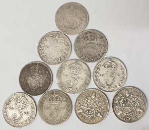 GREAT BRITAIN UK ENGLAND  1876-1935 . THREEPENCE . LOT OF 10 COINS
