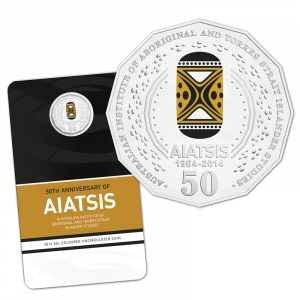 AUSTRALIA 2014 . FIFTY 50 CENT COIN . 50TH ANNIVERSARY OF AIATSIS . COLOURED COIN ON CARD