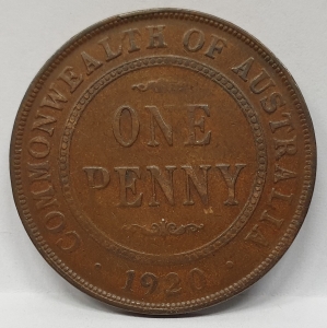 AUSTRALIA 1920 . ONE 1 PENNY . VARIETY . RARE . TOP DOT ONLY